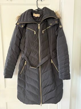 Michael Kors Black Quilted Puffer Coat with Faux Fur Trim